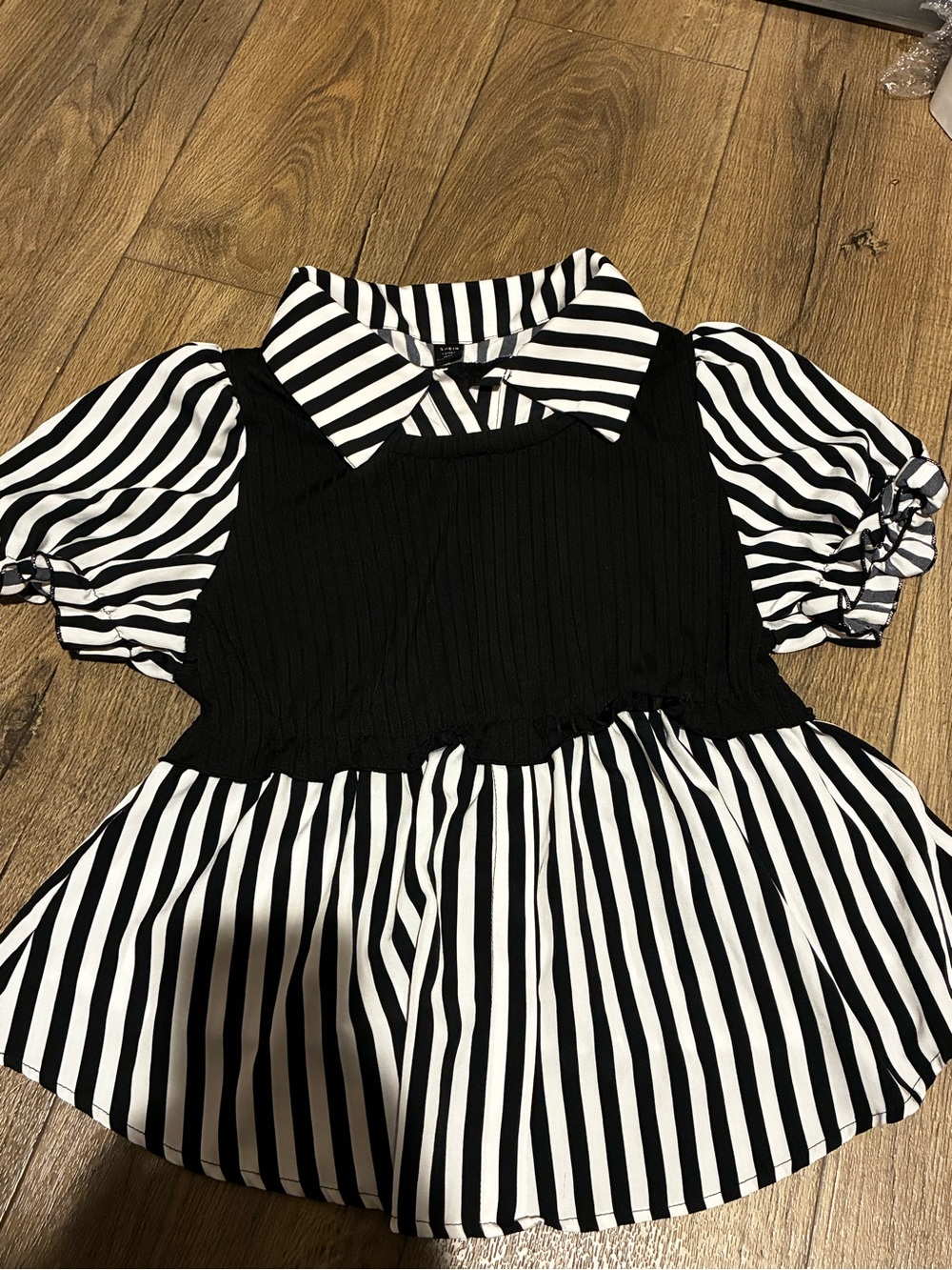 SHEIN Black & White Striped Peplum Collared Top